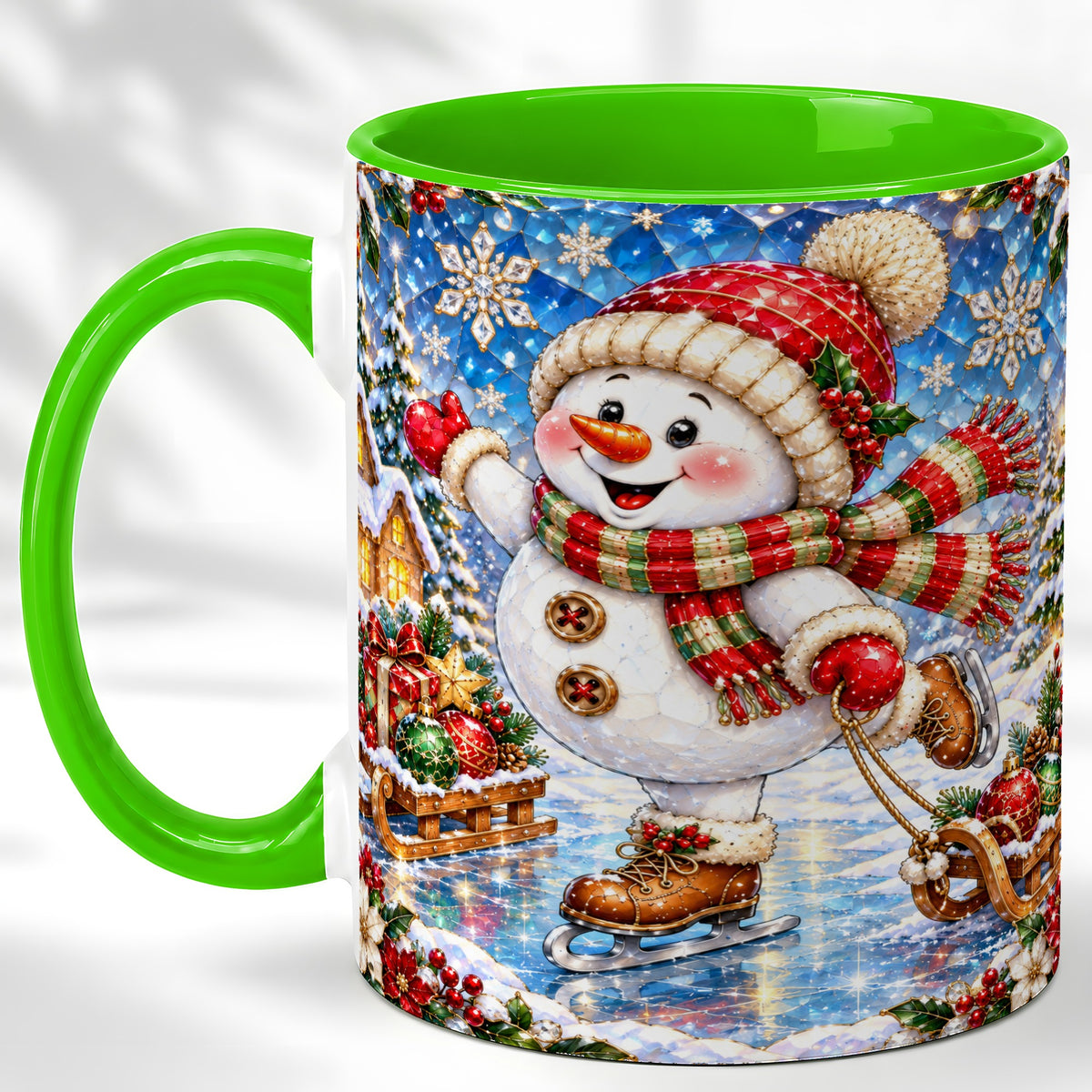 #pl[11oz|Green] Jeweled Ice Skating Snowman Coffee Mug, Christmas Snowman Mug, Ceramic Cup