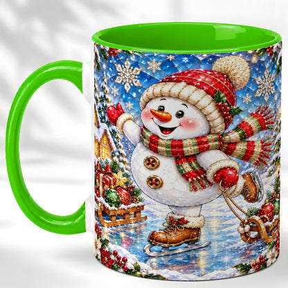 #pl[11oz|Green] Jeweled Ice Skating Snowman Coffee Mug, Christmas Snowman Mug, Ceramic Cup