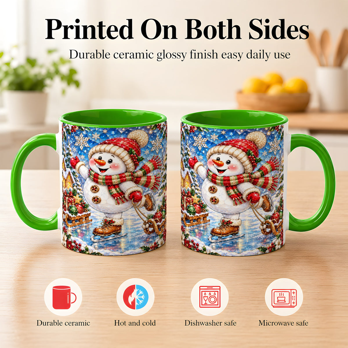 #pl[11oz|Green] Jeweled Ice Skating Snowman Coffee Mug, Christmas Snowman Mug, Ceramic Cup