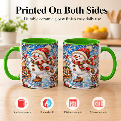 #pl[11oz|Green] Jeweled Ice Skating Snowman Coffee Mug, Christmas Snowman Mug, Ceramic Cup