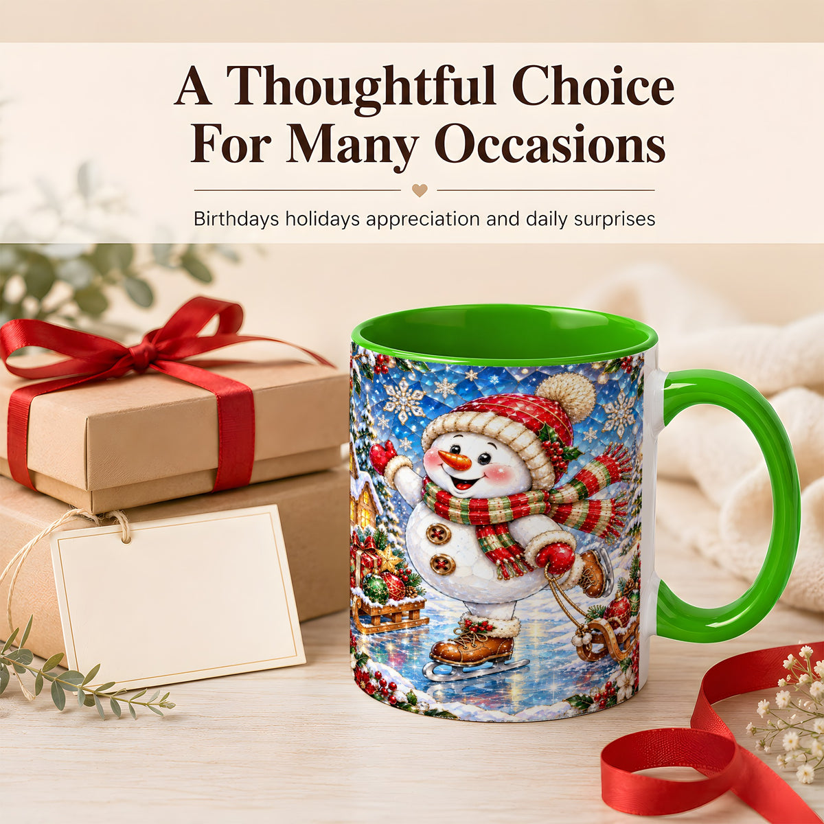 #pl[11oz|Green] Jeweled Ice Skating Snowman Coffee Mug, Christmas Snowman Mug, Ceramic Cup