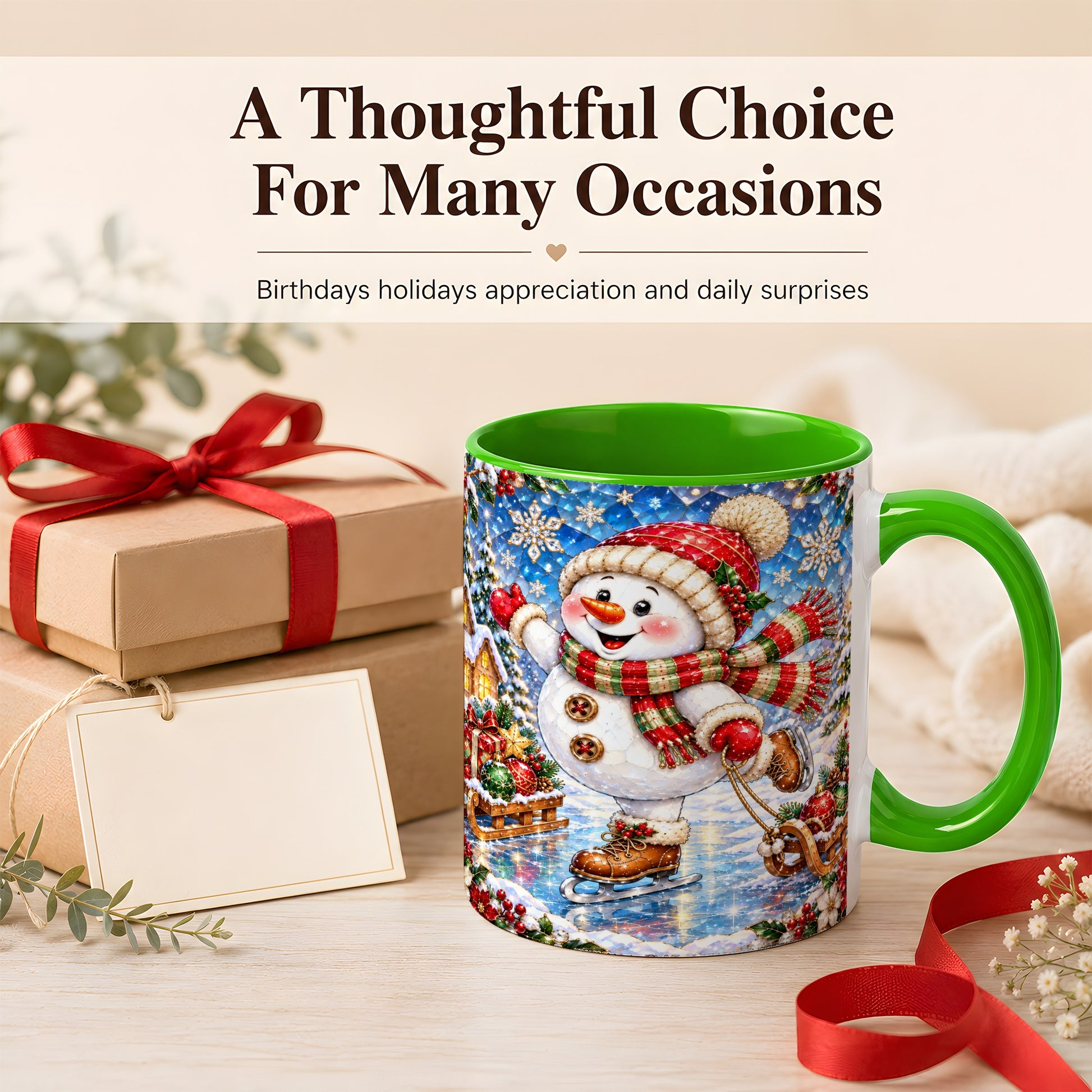 #pl[11oz|Green] Jeweled Ice Skating Snowman Coffee Mug, Christmas Snowman Mug, Ceramic Cup