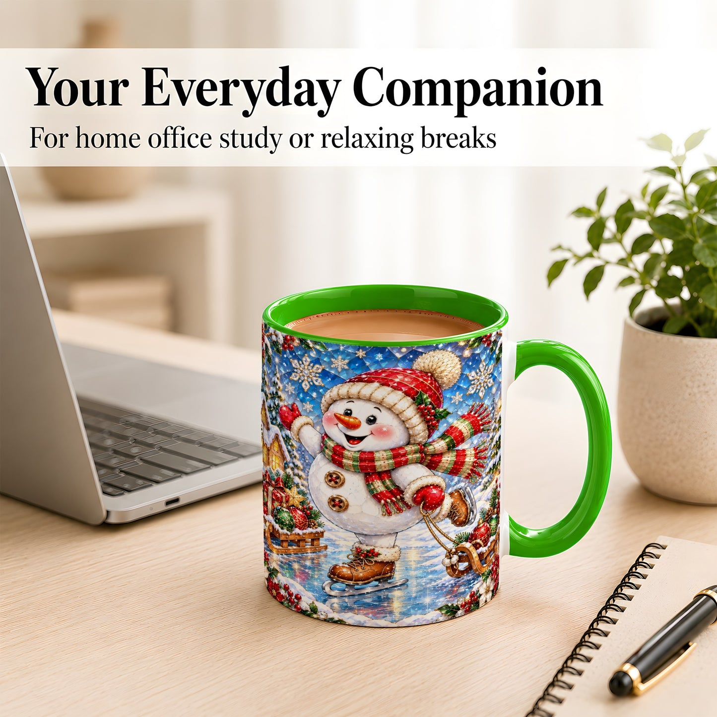 #pl[11oz|Green] Jeweled Ice Skating Snowman Coffee Mug, Christmas Snowman Mug, Ceramic Cup