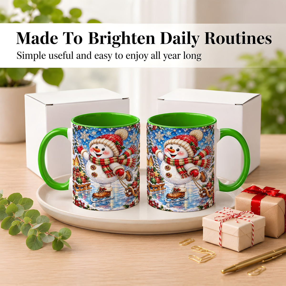 #pl[11oz|Green] Jeweled Ice Skating Snowman Coffee Mug, Christmas Snowman Mug, Ceramic Cup