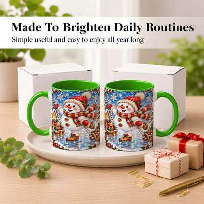 #pl[11oz|Green] Jeweled Ice Skating Snowman Coffee Mug, Christmas Snowman Mug, Ceramic Cup