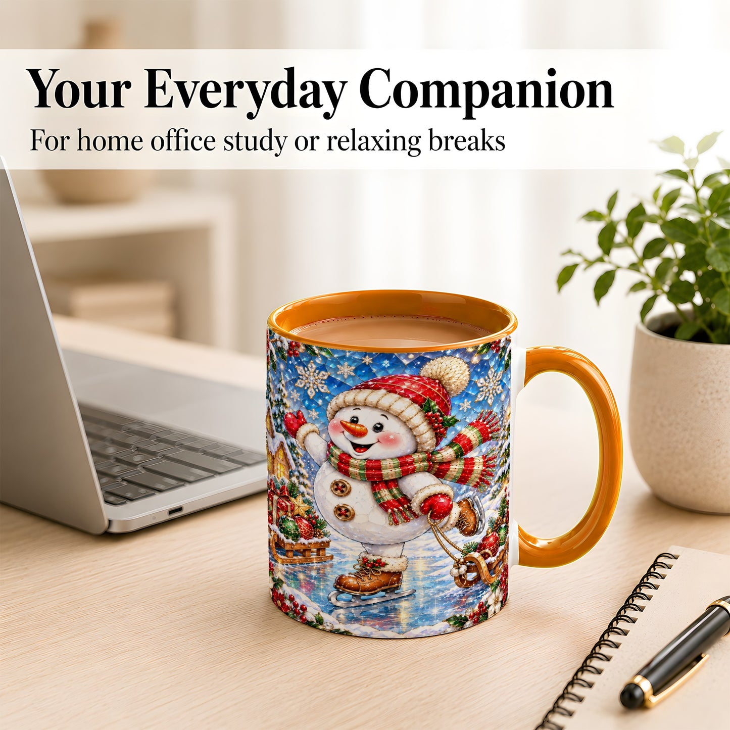#pl[11oz|Orange] Jeweled Ice Skating Snowman Coffee Mug, Christmas Snowman Mug, Ceramic Cup