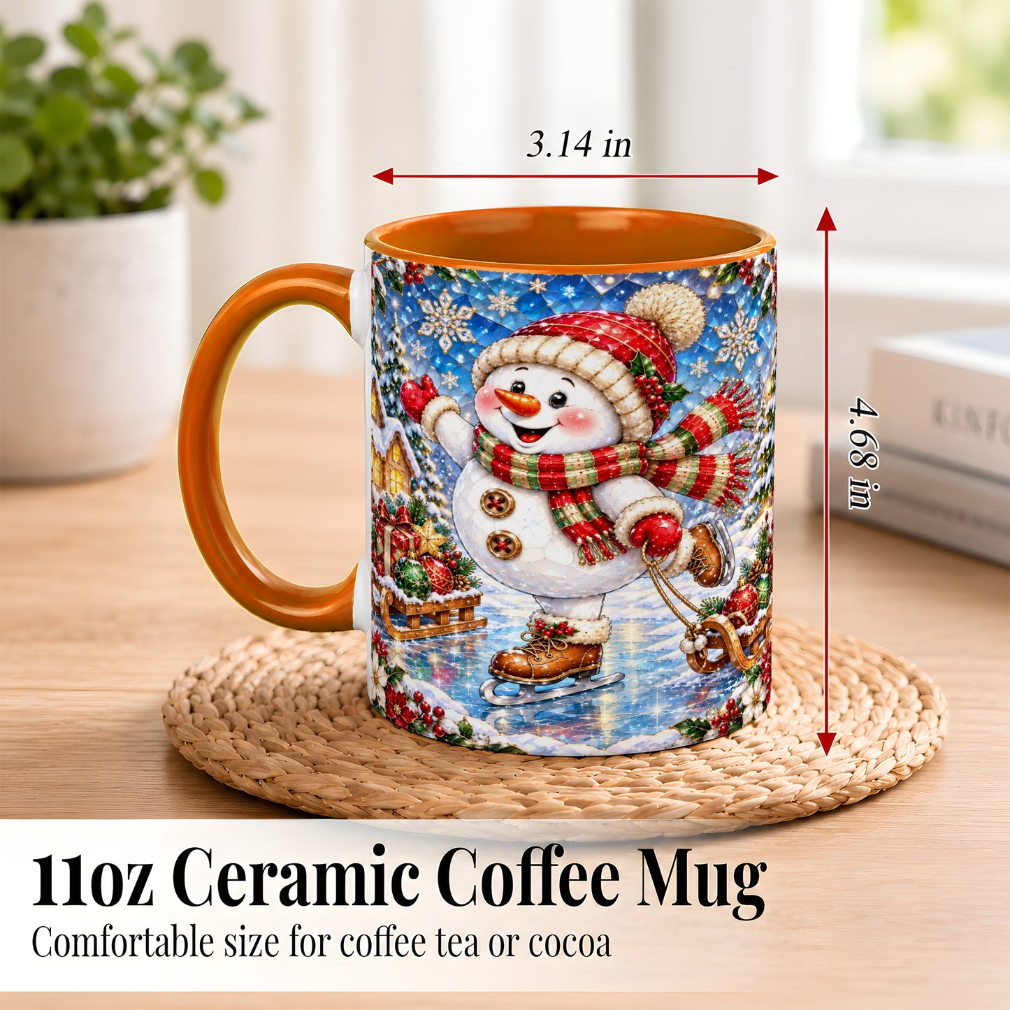 #pl[11oz|Orange] Jeweled Ice Skating Snowman Coffee Mug, Christmas Snowman Mug, Ceramic Cup
