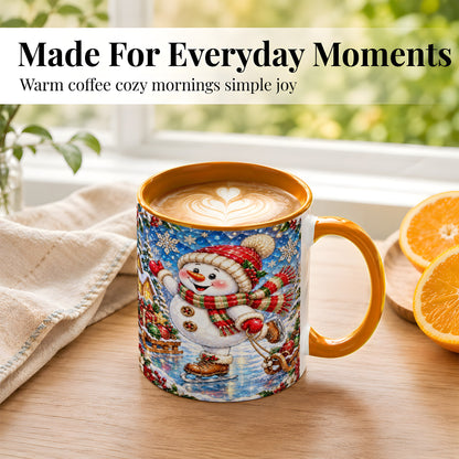 #pl[11oz|Orange] Jeweled Ice Skating Snowman Coffee Mug, Christmas Snowman Mug, Ceramic Cup