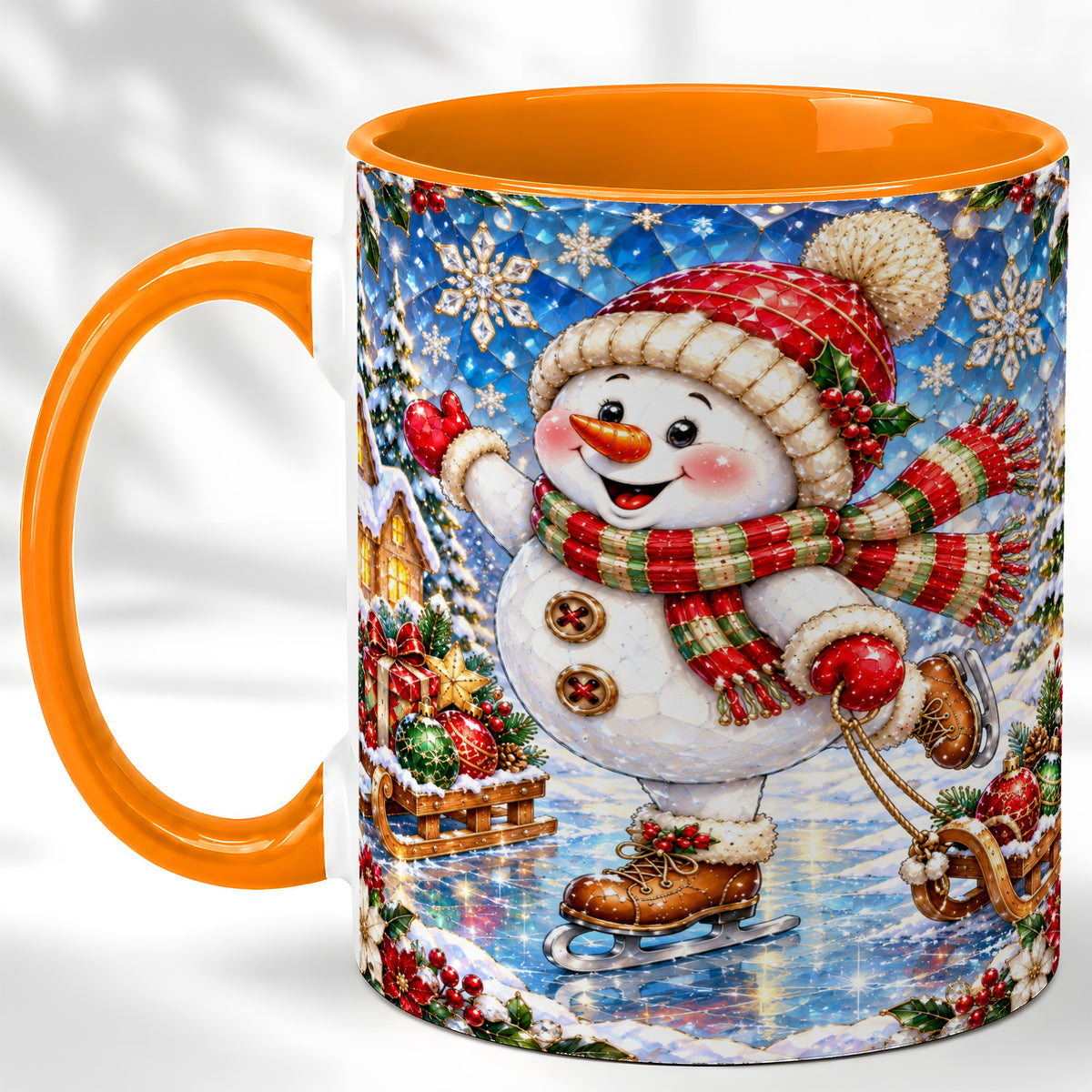 #pl[11oz|Orange] Jeweled Ice Skating Snowman Coffee Mug, Christmas Snowman Mug, Ceramic Cup