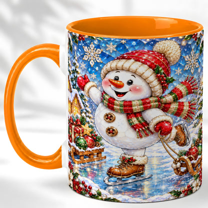 #pl[11oz|Orange] Jeweled Ice Skating Snowman Coffee Mug, Christmas Snowman Mug, Ceramic Cup