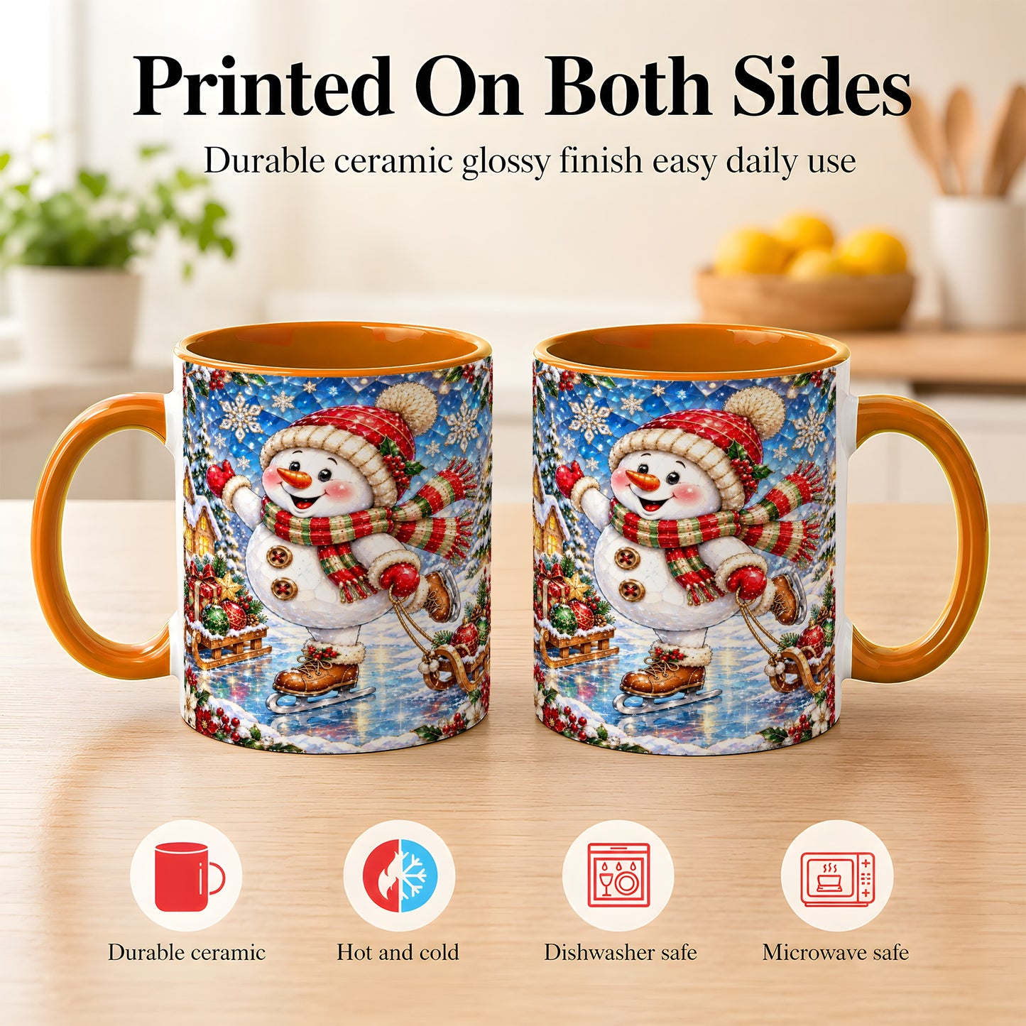 #pl[11oz|Orange] Jeweled Ice Skating Snowman Coffee Mug, Christmas Snowman Mug, Ceramic Cup
