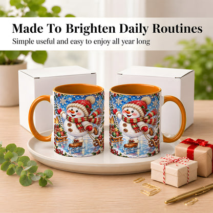 #pl[11oz|Orange] Jeweled Ice Skating Snowman Coffee Mug, Christmas Snowman Mug, Ceramic Cup