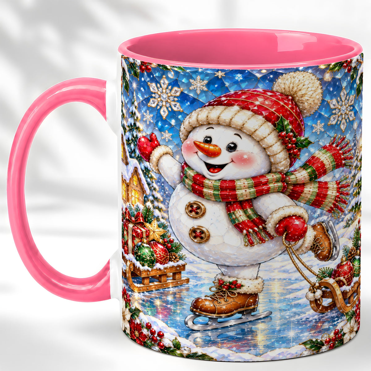 #pl[11oz|Pink] Jeweled Ice Skating Snowman Coffee Mug, Christmas Snowman Mug, Ceramic Cup