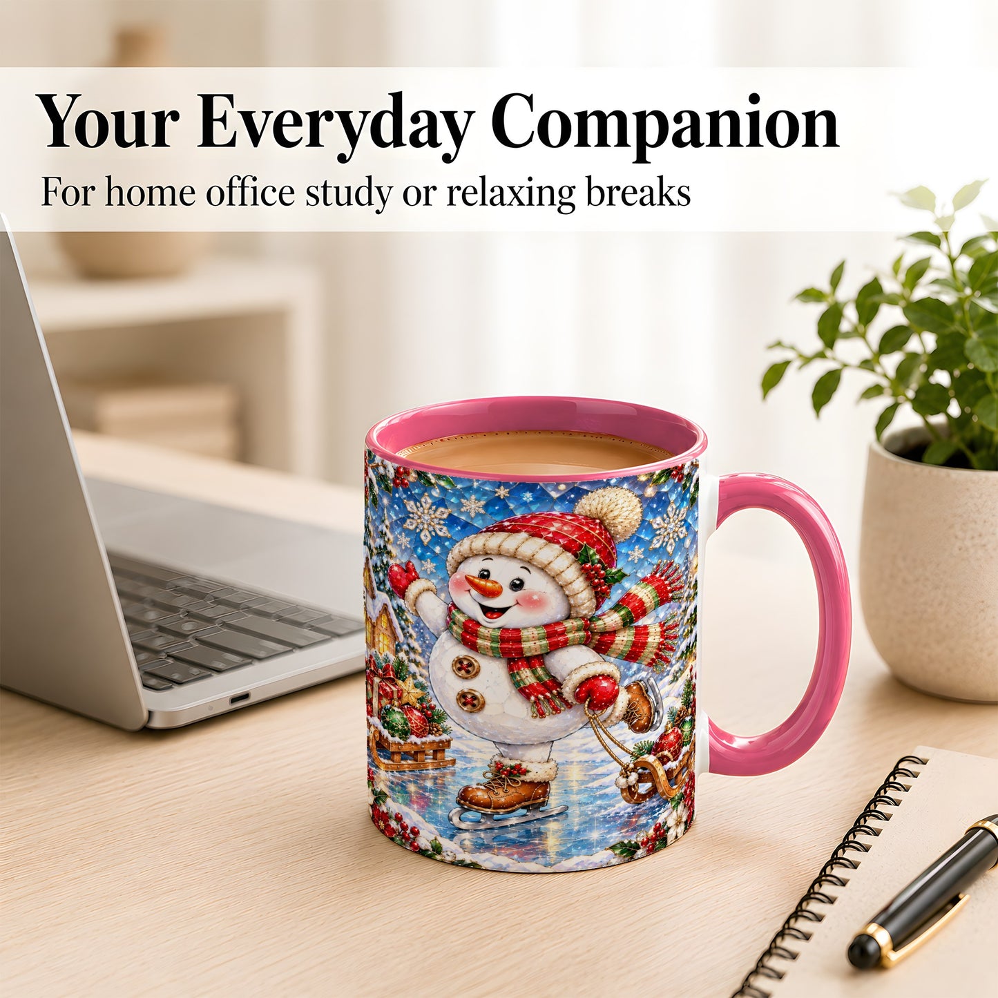#pl[11oz|Pink] Jeweled Ice Skating Snowman Coffee Mug, Christmas Snowman Mug, Ceramic Cup