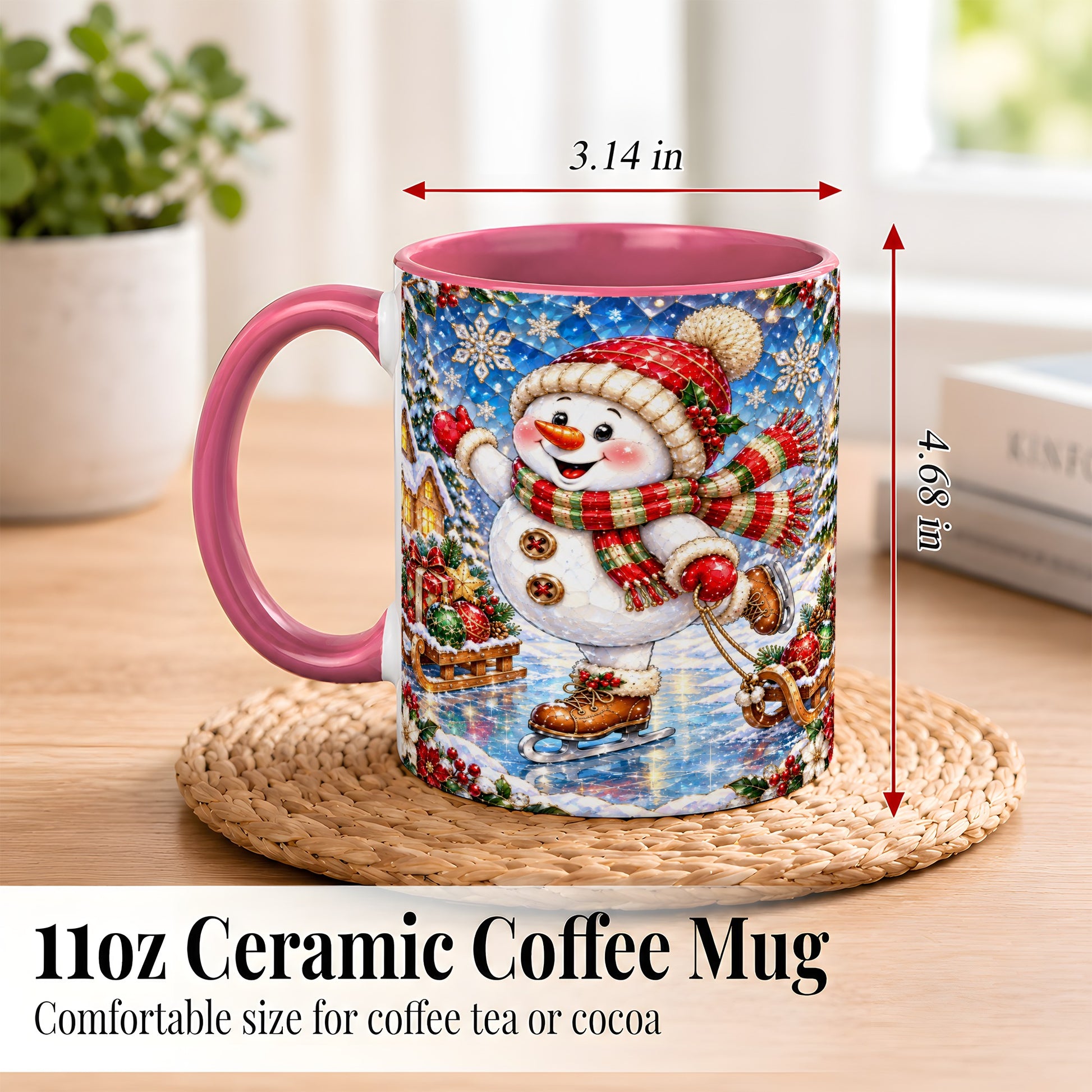 #pl[11oz|Pink] Jeweled Ice Skating Snowman Coffee Mug, Christmas Snowman Mug, Ceramic Cup