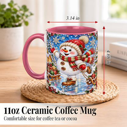 #pl[11oz|Pink] Jeweled Ice Skating Snowman Coffee Mug, Christmas Snowman Mug, Ceramic Cup