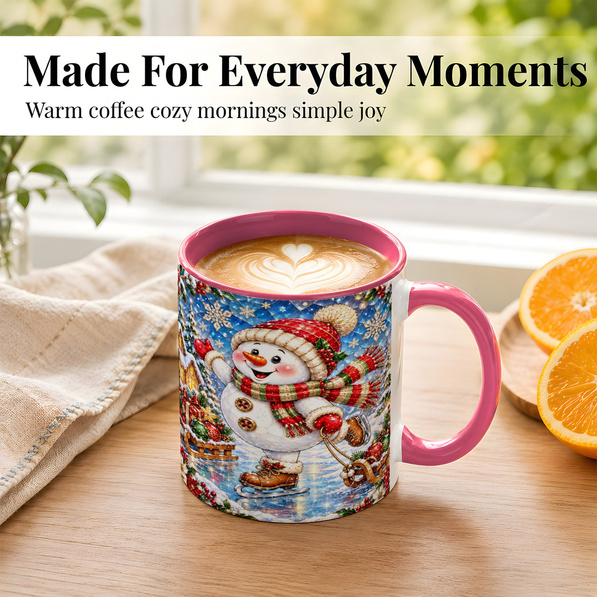 #pl[11oz|Pink] Jeweled Ice Skating Snowman Coffee Mug, Christmas Snowman Mug, Ceramic Cup