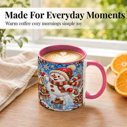 #pl[11oz|Pink] Jeweled Ice Skating Snowman Coffee Mug, Christmas Snowman Mug, Ceramic Cup