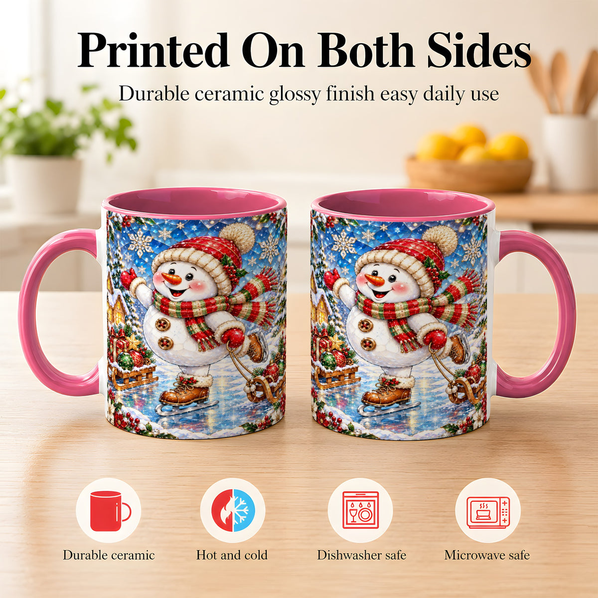 #pl[11oz|Pink] Jeweled Ice Skating Snowman Coffee Mug, Christmas Snowman Mug, Ceramic Cup
