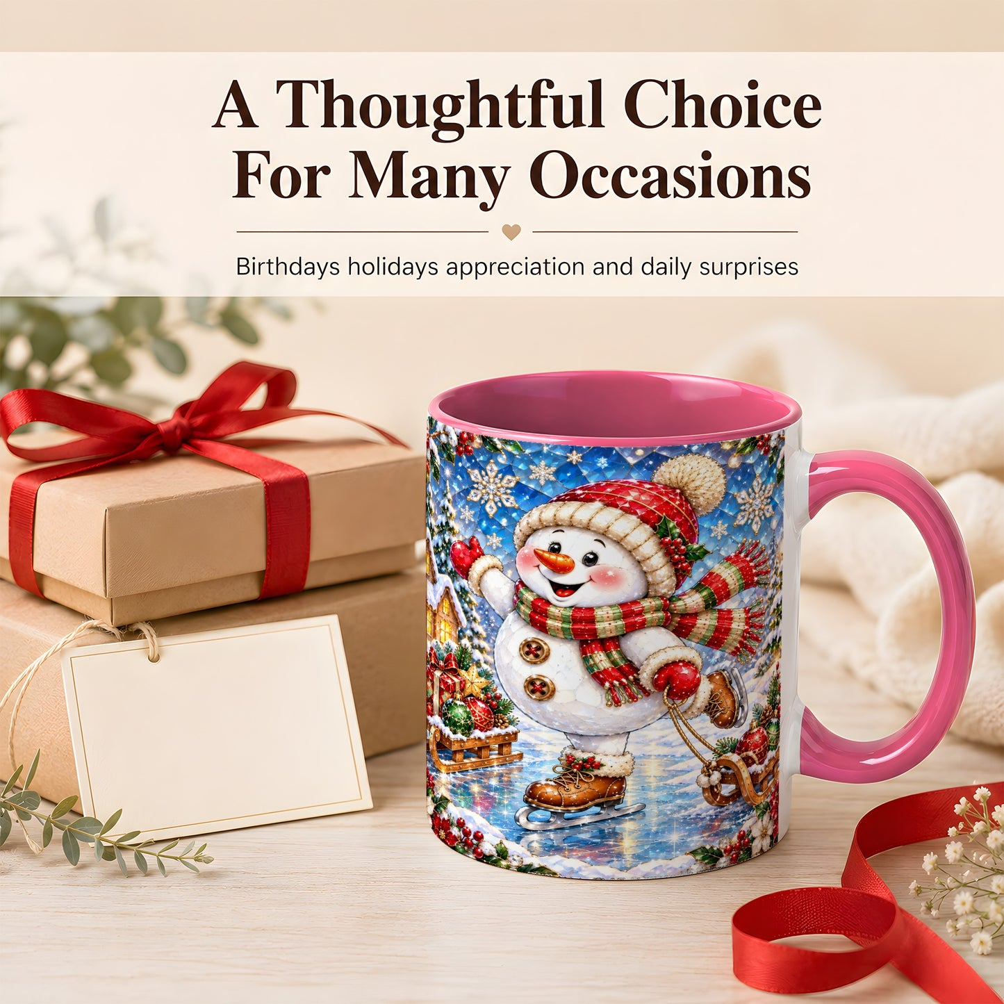 #pl[11oz|Pink] Jeweled Ice Skating Snowman Coffee Mug, Christmas Snowman Mug, Ceramic Cup