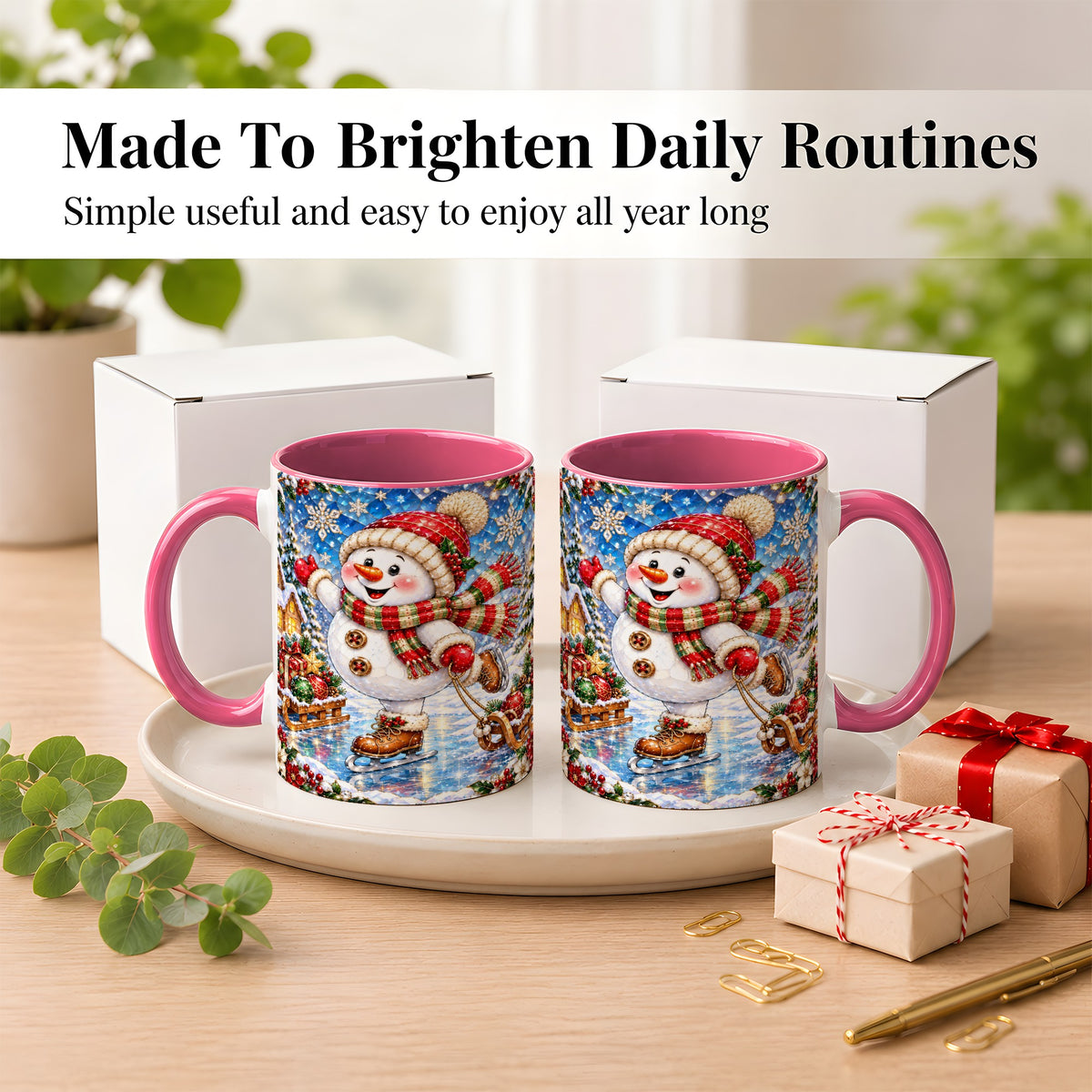 #pl[11oz|Pink] Jeweled Ice Skating Snowman Coffee Mug, Christmas Snowman Mug, Ceramic Cup