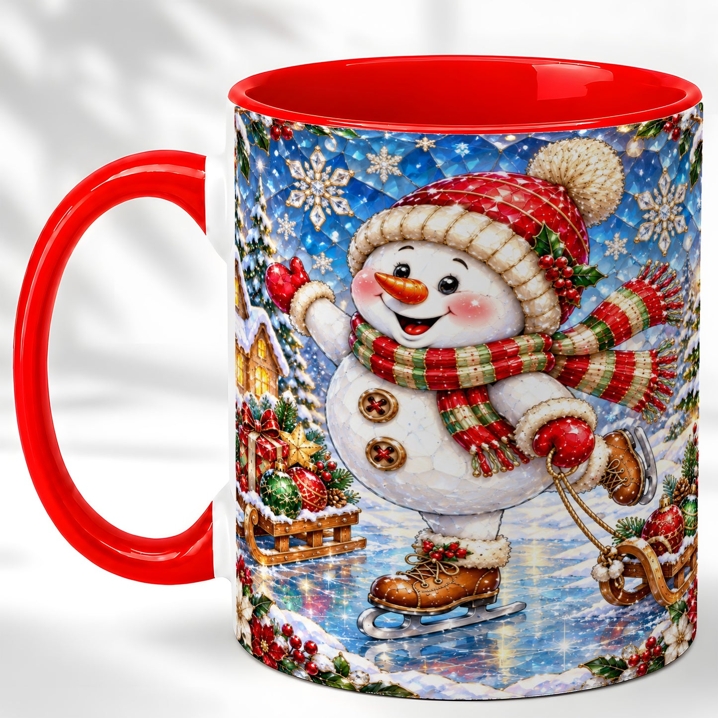 Jeweled Ice Skating Snowman Coffee Mug, Christmas Snowman Mug, Ceramic Cup
