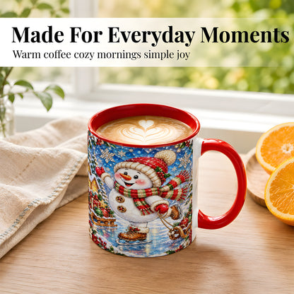 #pl[11oz|Red] Jeweled Ice Skating Snowman Coffee Mug, Christmas Snowman Mug, Ceramic Cup
