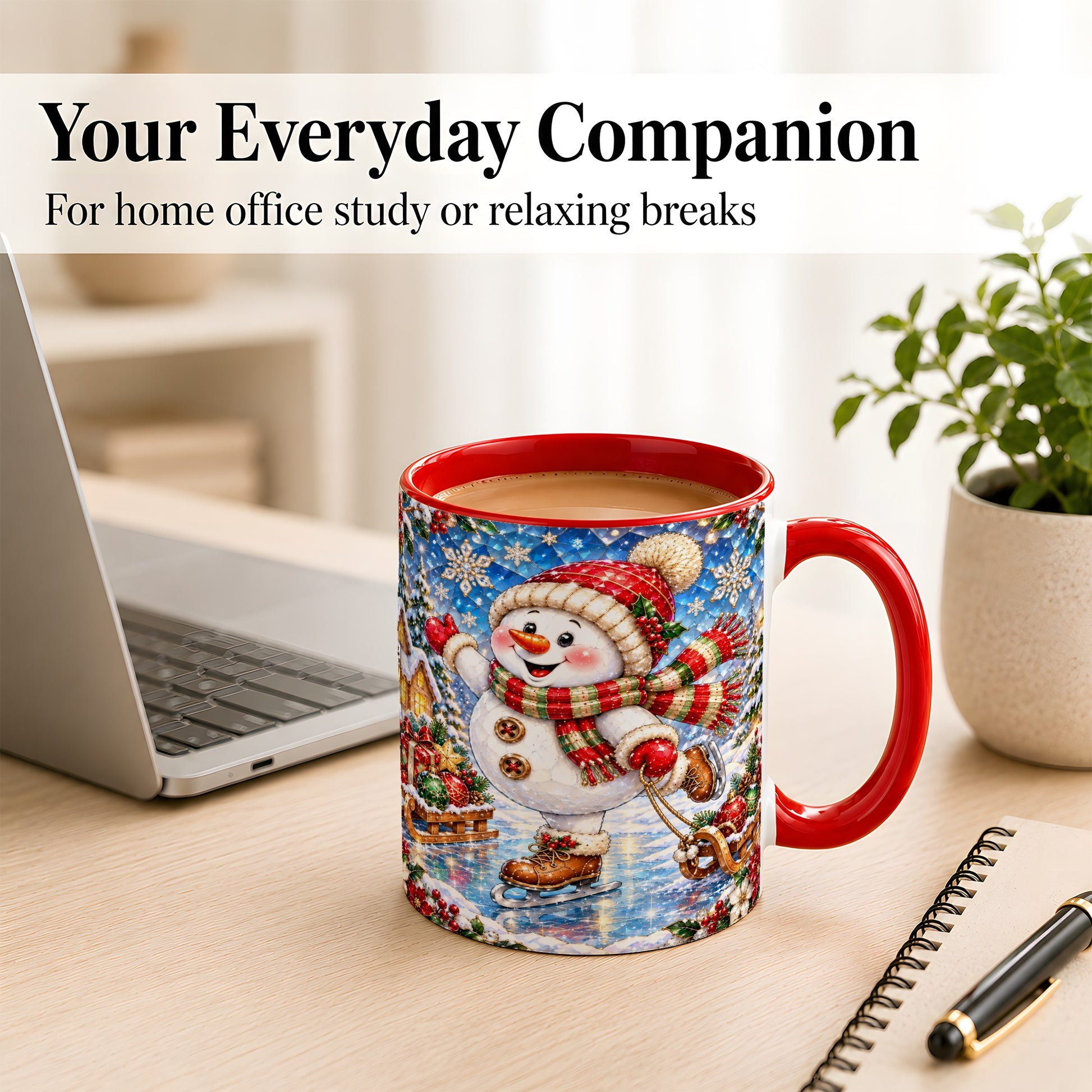 #pl[11oz|Red] Jeweled Ice Skating Snowman Coffee Mug, Christmas Snowman Mug, Ceramic Cup