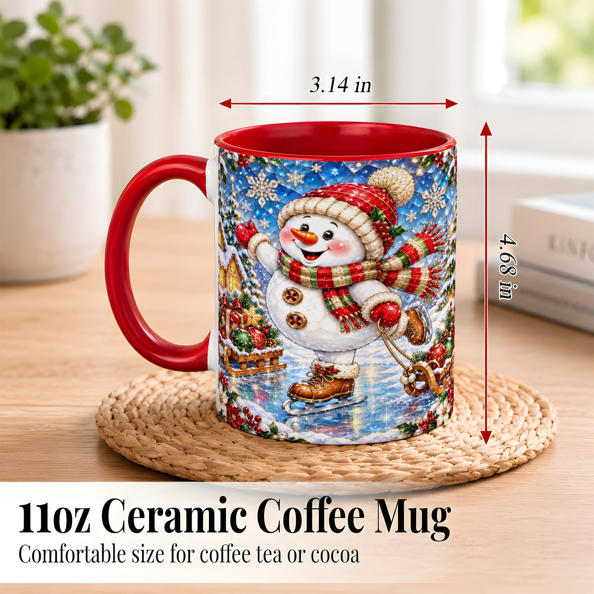 #pl[11oz|Red] Jeweled Ice Skating Snowman Coffee Mug, Christmas Snowman Mug, Ceramic Cup