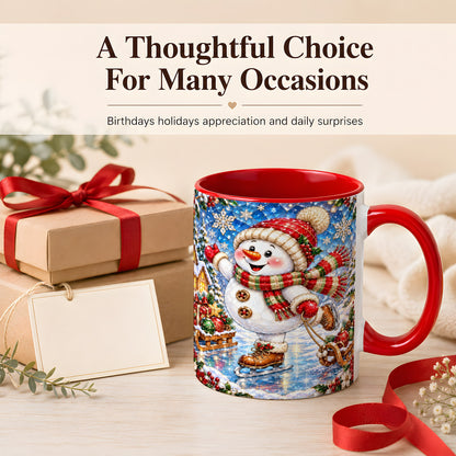 #pl[11oz|Red] Jeweled Ice Skating Snowman Coffee Mug, Christmas Snowman Mug, Ceramic Cup