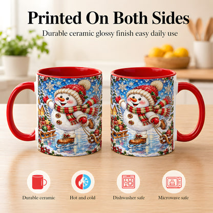 #pl[11oz|Red] Jeweled Ice Skating Snowman Coffee Mug, Christmas Snowman Mug, Ceramic Cup