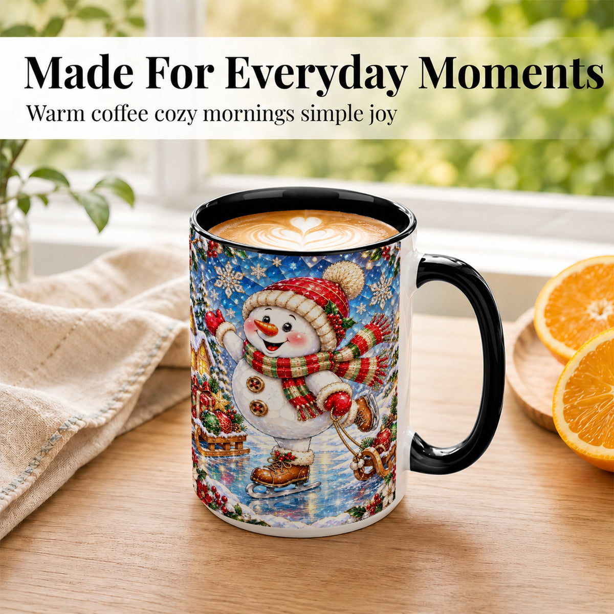 #pl[15oz|Black] Jeweled Ice Skating Snowman Coffee Mug, Christmas Snowman Mug, Ceramic Cup
