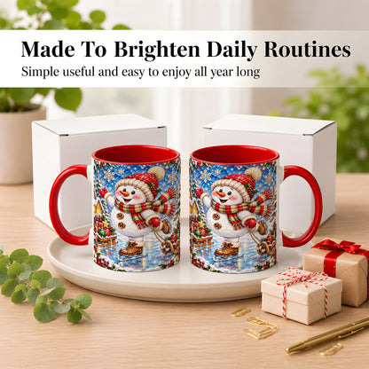 #pl[11oz|Red] Jeweled Ice Skating Snowman Coffee Mug, Christmas Snowman Mug, Ceramic Cup