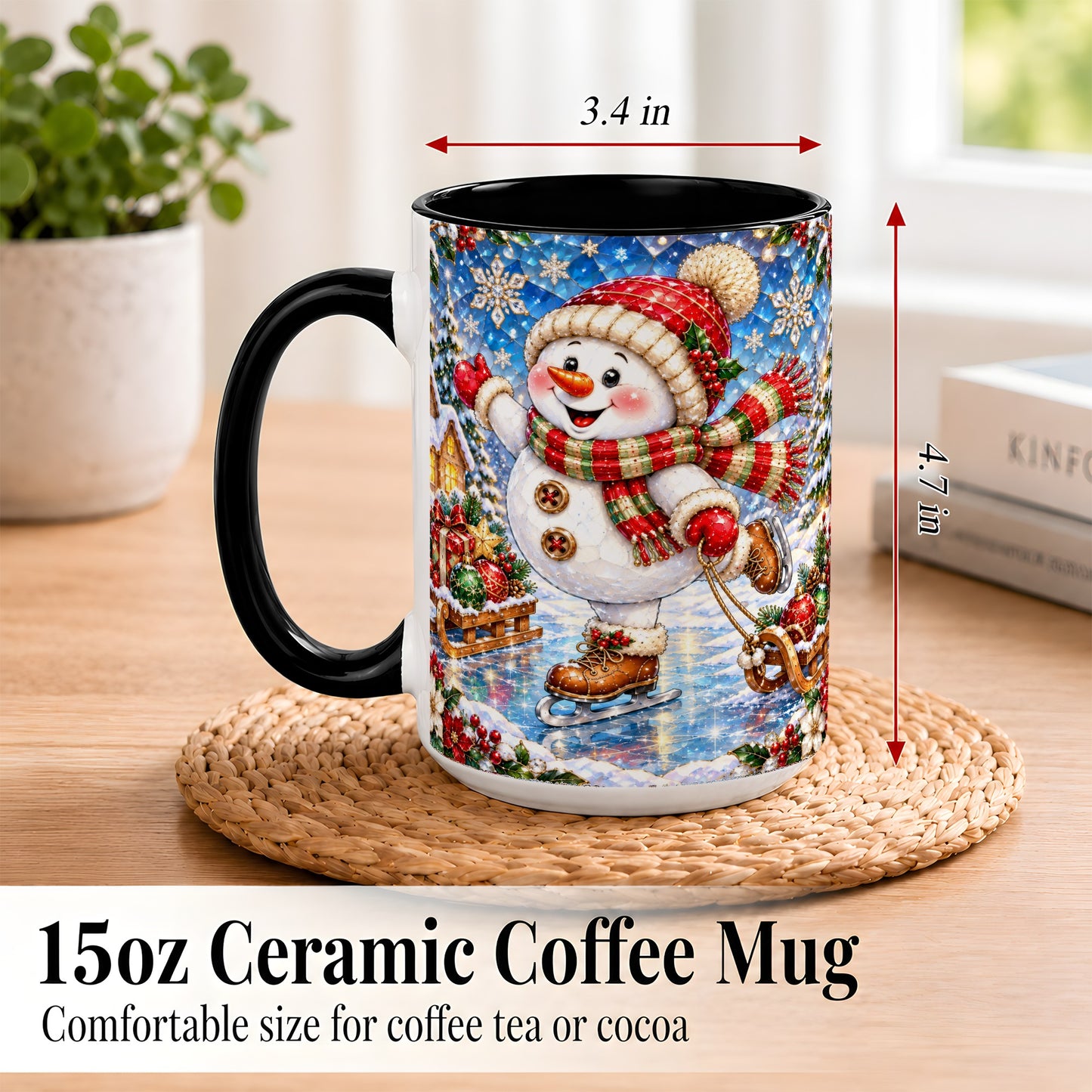 #pl[15oz|Black] Jeweled Ice Skating Snowman Coffee Mug, Christmas Snowman Mug, Ceramic Cup