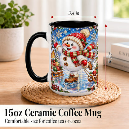 #pl[15oz|Black] Jeweled Ice Skating Snowman Coffee Mug, Christmas Snowman Mug, Ceramic Cup