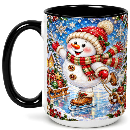 #pl[15oz|Black] Jeweled Ice Skating Snowman Coffee Mug, Christmas Snowman Mug, Ceramic Cup