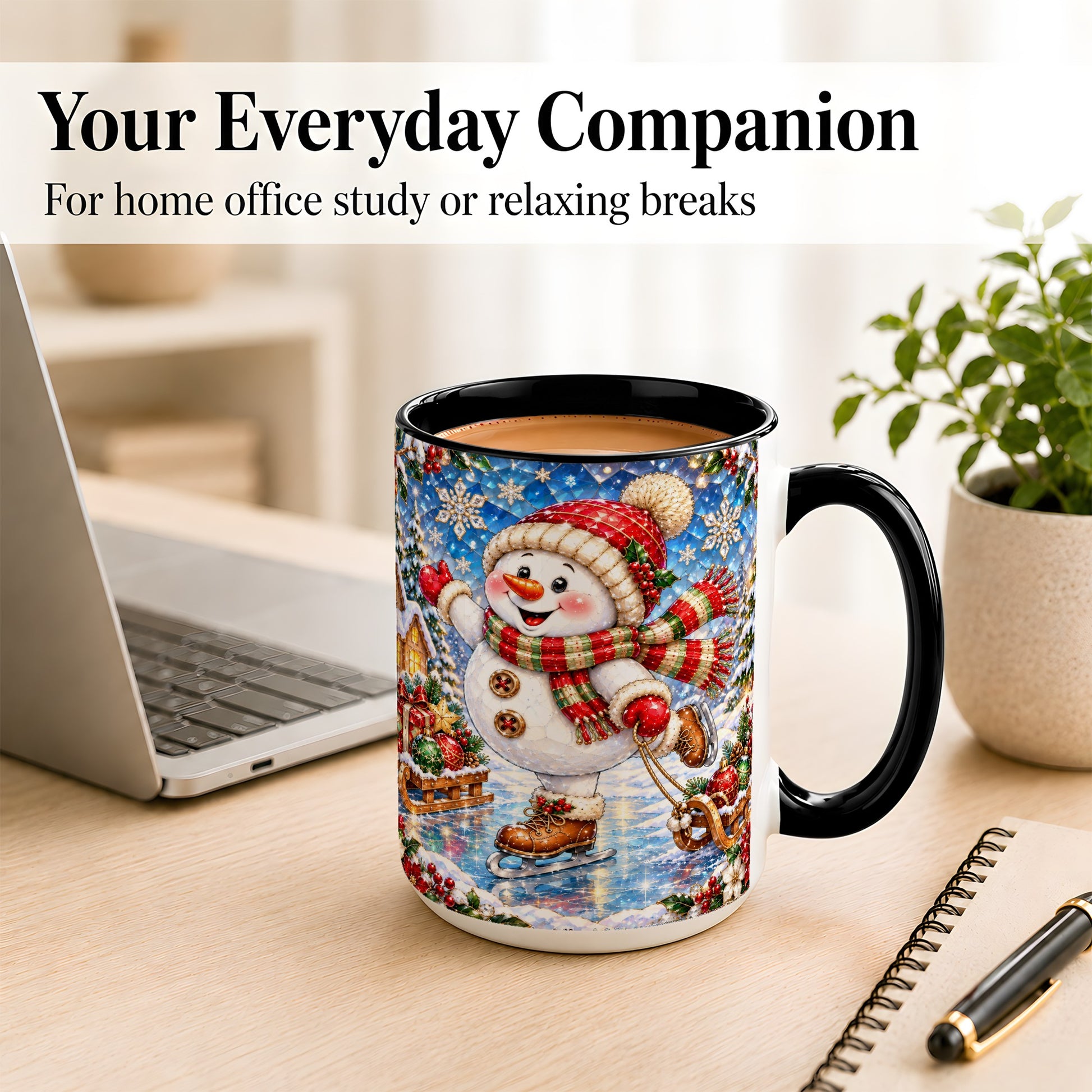 #pl[15oz|Black] Jeweled Ice Skating Snowman Coffee Mug, Christmas Snowman Mug, Ceramic Cup