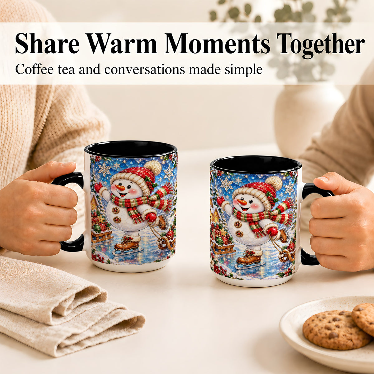 #pl[15oz|Black] Jeweled Ice Skating Snowman Coffee Mug, Christmas Snowman Mug, Ceramic Cup