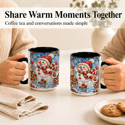 #pl[15oz|Black] Jeweled Ice Skating Snowman Coffee Mug, Christmas Snowman Mug, Ceramic Cup
