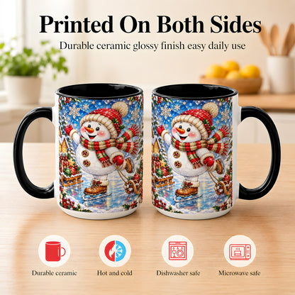 #pl[15oz|Black] Jeweled Ice Skating Snowman Coffee Mug, Christmas Snowman Mug, Ceramic Cup