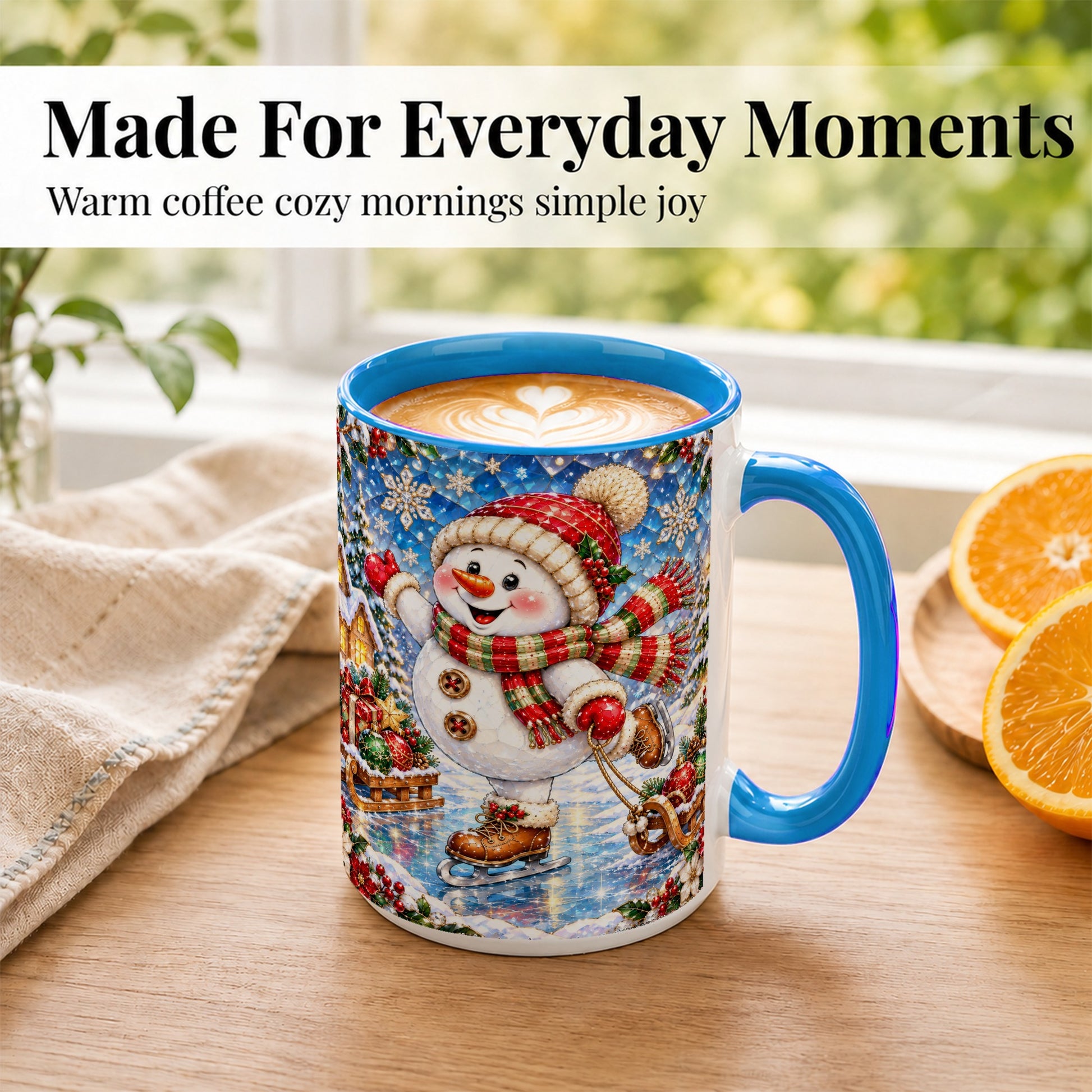 #pl[15oz|Blue] Jeweled Ice Skating Snowman Coffee Mug, Christmas Snowman Mug, Ceramic Cup