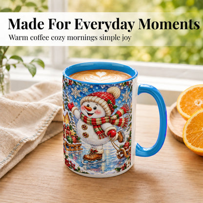 #pl[15oz|Blue] Jeweled Ice Skating Snowman Coffee Mug, Christmas Snowman Mug, Ceramic Cup
