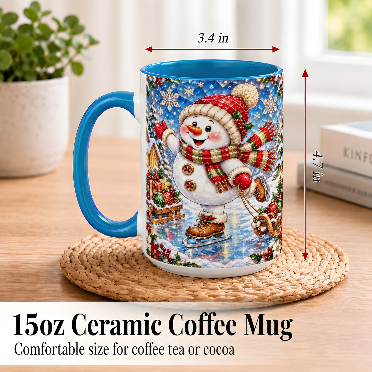 #pl[15oz|Blue] Jeweled Ice Skating Snowman Coffee Mug, Christmas Snowman Mug, Ceramic Cup