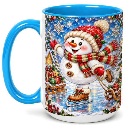 #pl[15oz|Blue] Jeweled Ice Skating Snowman Coffee Mug, Christmas Snowman Mug, Ceramic Cup
