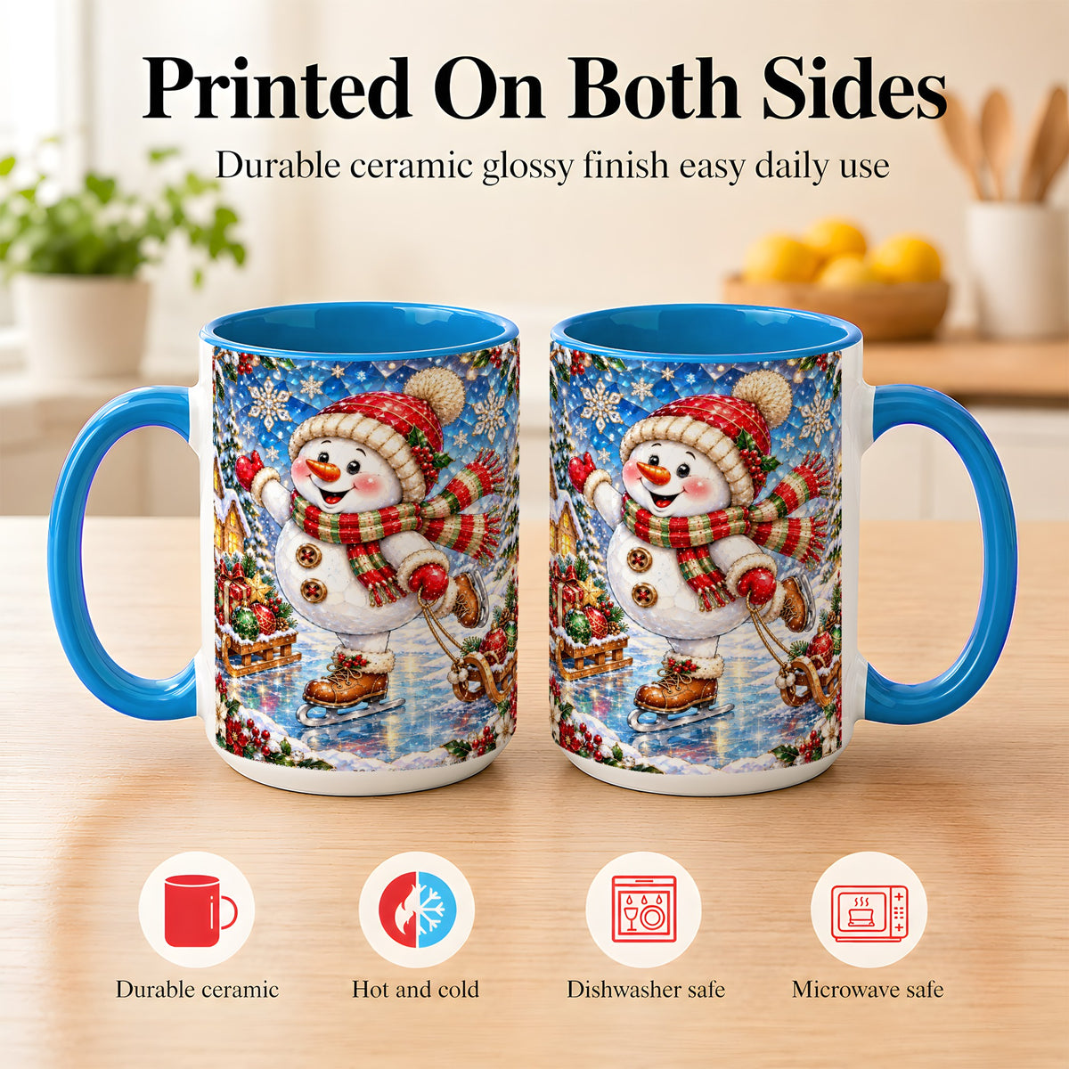 #pl[15oz|Blue] Jeweled Ice Skating Snowman Coffee Mug, Christmas Snowman Mug, Ceramic Cup