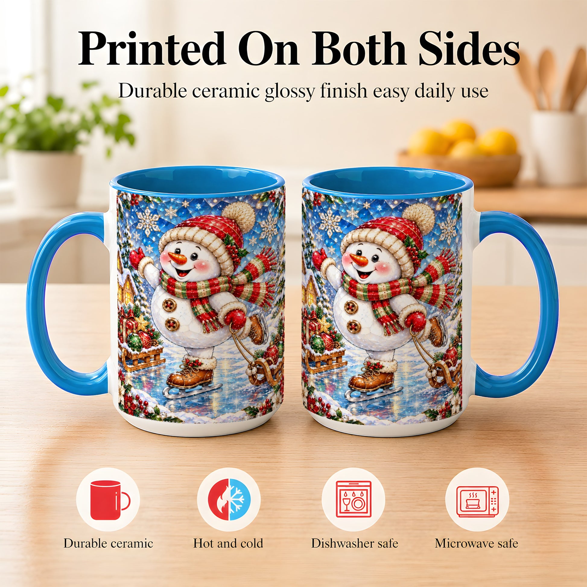 #pl[15oz|Blue] Jeweled Ice Skating Snowman Coffee Mug, Christmas Snowman Mug, Ceramic Cup