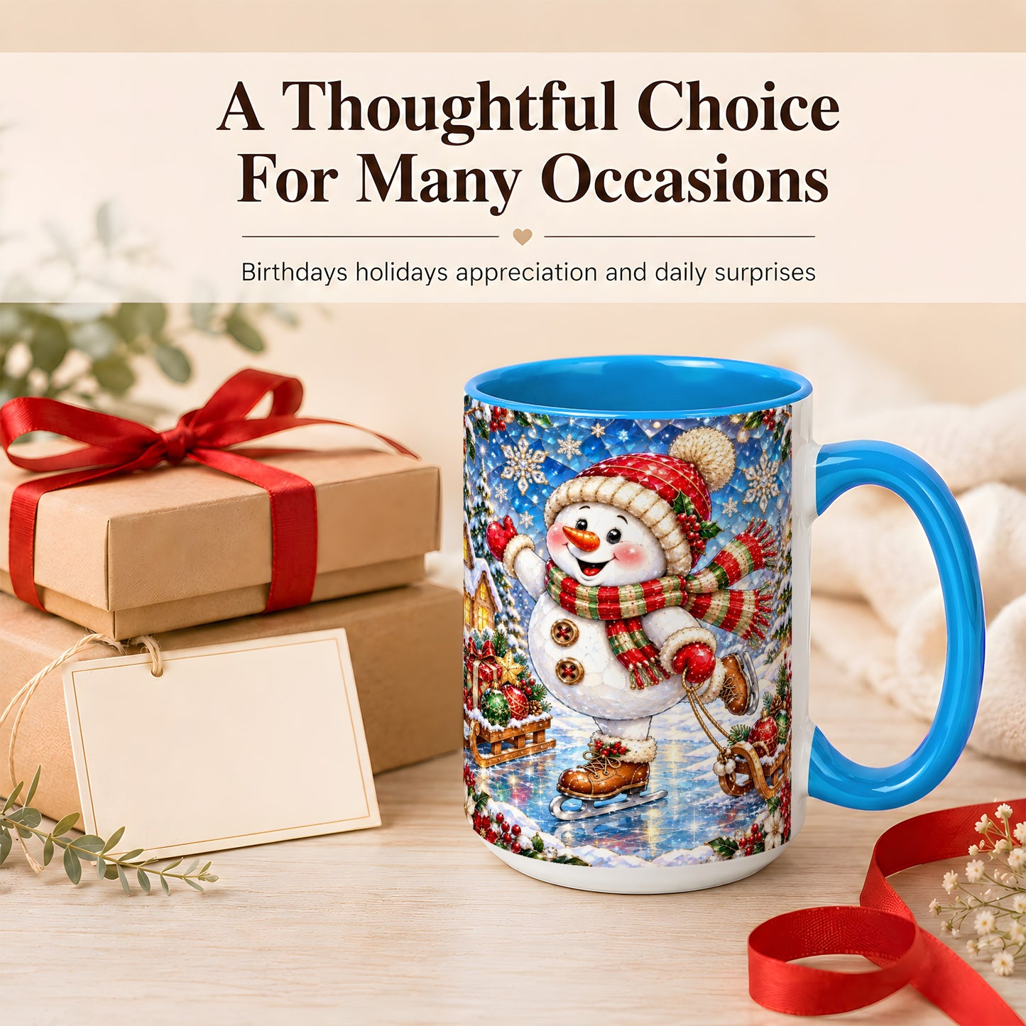 #pl[15oz|Blue] Jeweled Ice Skating Snowman Coffee Mug, Christmas Snowman Mug, Ceramic Cup