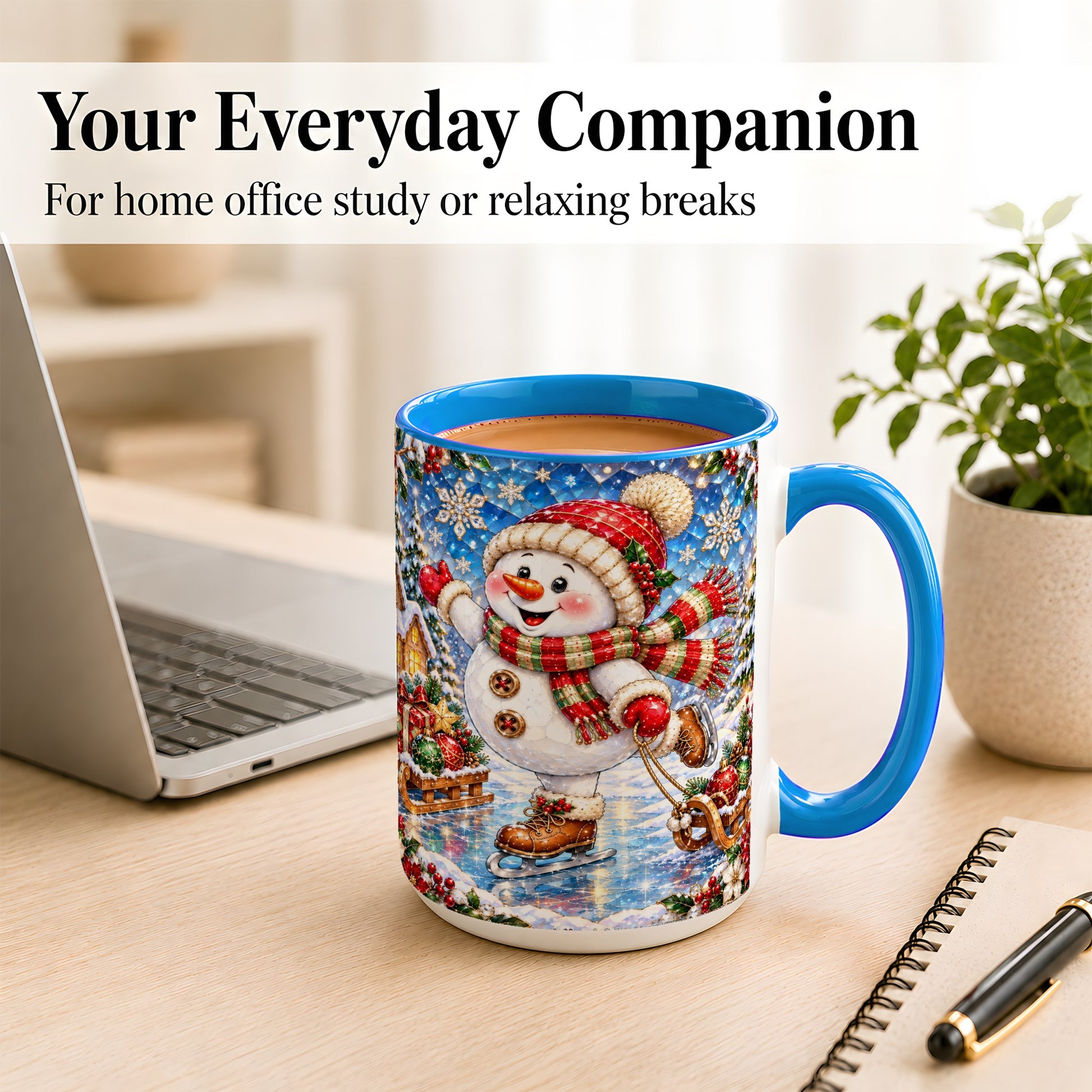 #pl[15oz|Blue] Jeweled Ice Skating Snowman Coffee Mug, Christmas Snowman Mug, Ceramic Cup