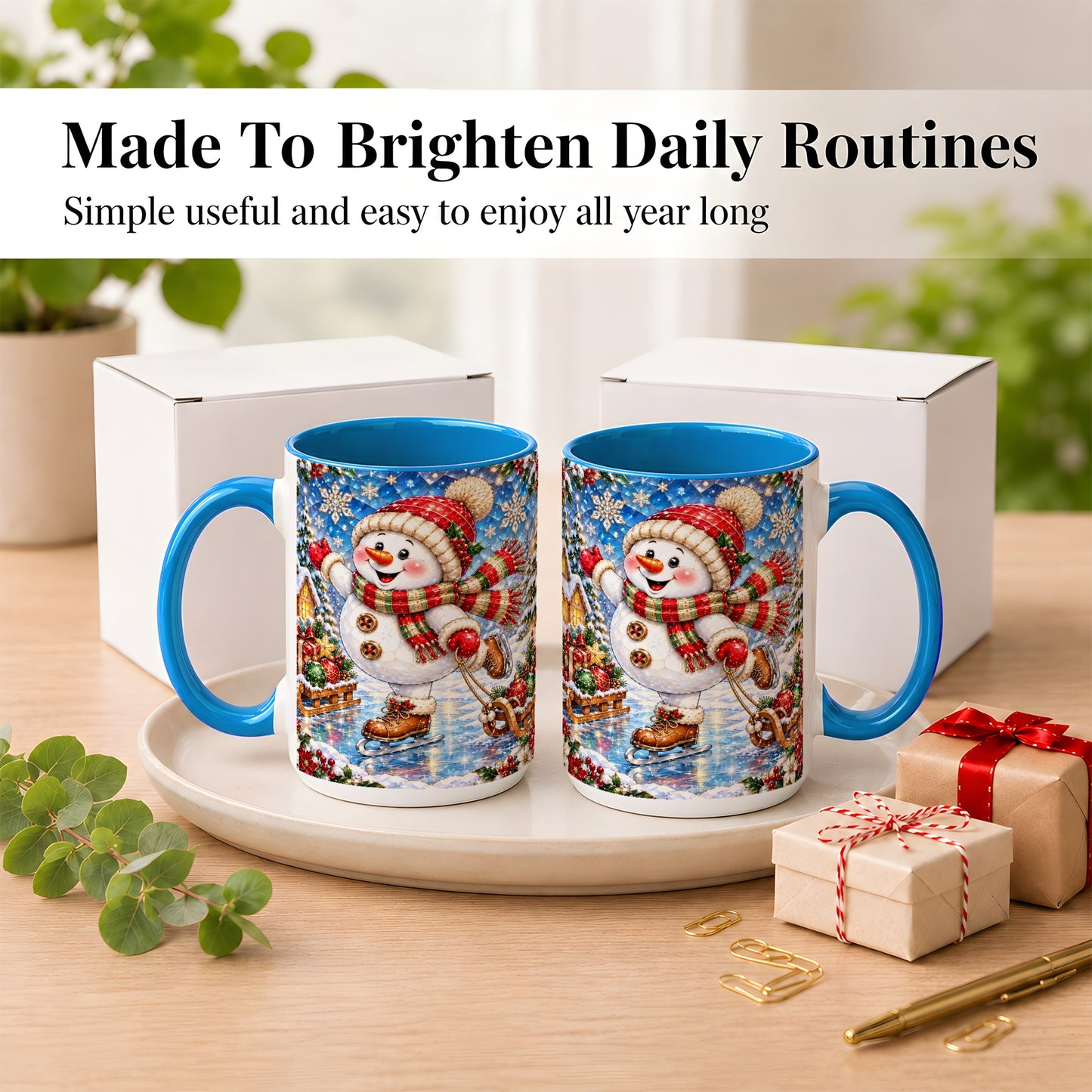 #pl[15oz|Blue] Jeweled Ice Skating Snowman Coffee Mug, Christmas Snowman Mug, Ceramic Cup