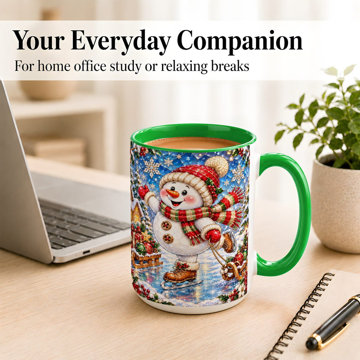 #pl[15oz|Green] Jeweled Ice Skating Snowman Coffee Mug, Christmas Snowman Mug, Ceramic Cup